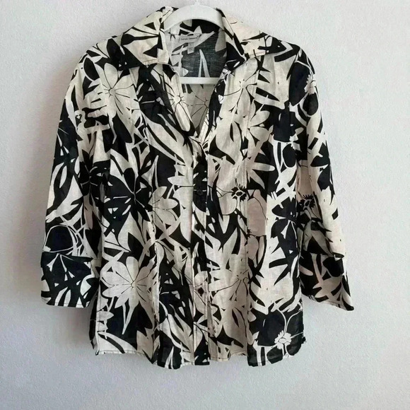 Harve Benard Woman's Black Beige Floral Linen Blend Button Up Blouse Size L - Picture 7 of 11